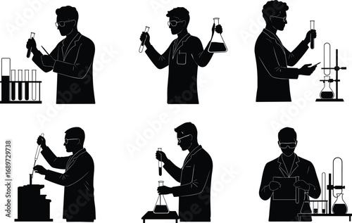 Black and white scientist laboratory silhouette illustration, chemistry research experiment, lab equipment, test tubes, flasks, pipette, distillation, science education concept