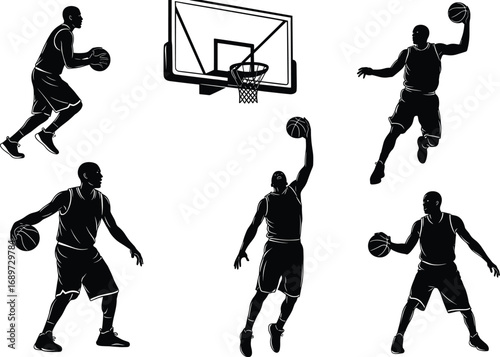 Basketball, silhouette, players, action, dribbling, dunking, shooting, sports, competition, athletic, jump, hoop, net, teamwork, training, game, dynamic, movement, professional, illustration