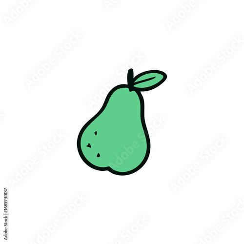 Simple, stylized drawing of a light-green pear with a small leaf