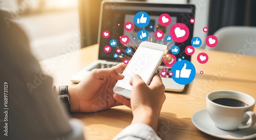 Person using a smartphone, social media engagement, likes and hearts floating around.