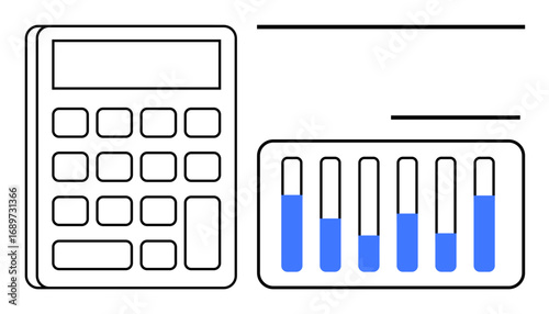Calculator beside vertical bar graph with blue bars, emphasizing calculations, data, and statistics. Ideal for finance, accounting, business, education, research analytics simple landing page