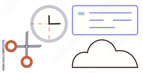 Clock representing time, scissors symbolizing editing or cutting, checklist for organization, and cloud for storage. Ideal for productivity, time tracking, organization, digital tools, cloud usage