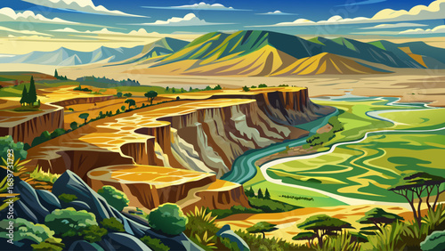 Ngorongoro Geopark, Tanzania – vast volcanic crater with layered cliffs and ancient formations, showcasing Africa’s geological past within breathtaking landscapes.