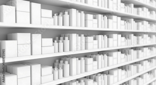 A perspective view of a pharmacy shelf stocked with various white medication boxes and bottles.