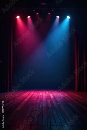 Dramatic stage lighting illuminates a dark empty theater, spotlighting the center stage  Perfect for theatrical, performance, or mystery themes , stage production, black, shadow