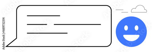 Speech bubble with lines suggesting text, smiling blue face symbolizing positivity, light cloud for calm atmosphere. Ideal for communication, feedback, messaging, positivity, interaction, engagement