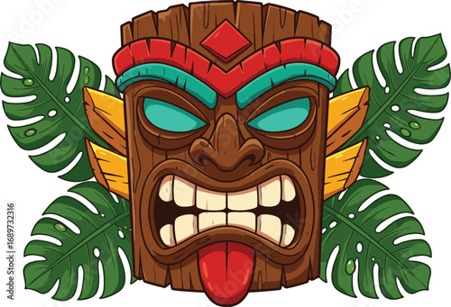 Tribal tiki mask cartoon illustration, angry wooden face with colorful feathers, exotic jungle decoration, tropical island culture symbol, traditional design element for graphic use