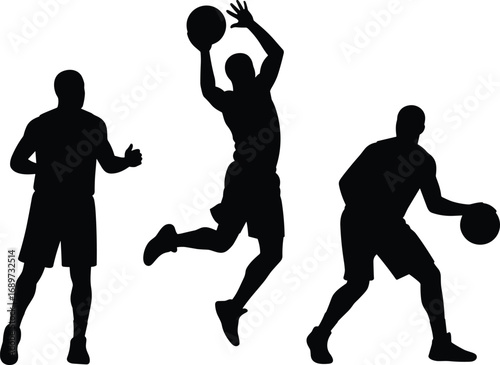 Silhouettes of three basketball players in different action poses, dribbling, jumping, shooting ball, dynamic sports concept, black figures isolated on white background