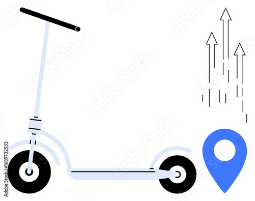 Electric scooter near blue GPS pin with upward arrows symbolizing progress, navigation, and eco-transportation. Ideal for mobility, travel, eco-living, navigation, smart city, progress trends