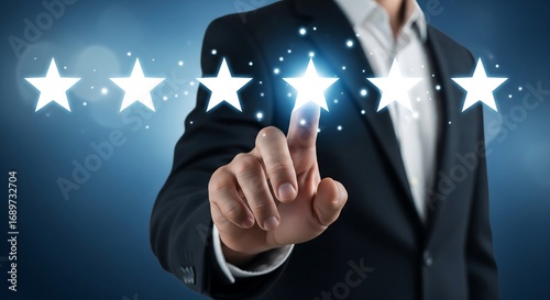 Businessperson selecting a glowing star rating, signifying positive feedback and excellent service.