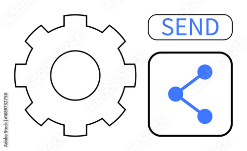 Gear, share icon, and send button in minimal design. Ideal for workflow, settings, connectivity, technology, communication, optimization simple landing page