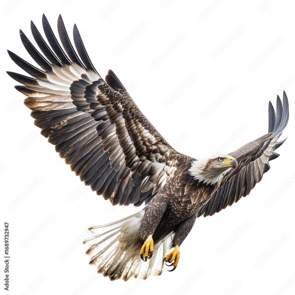 Obraz premium Majestic Eagle in Flight: A symbol of freedom and power, an American bald eagle soars gracefully against the sky, its wings fully extended in a captivating display of strength and elegance.