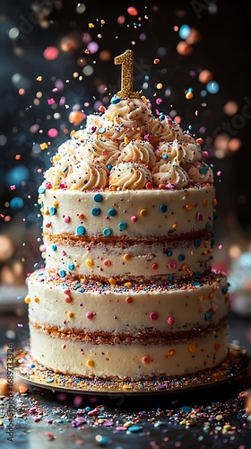 Colorful birthday cake golden candle illustration