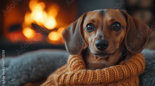 Dachshund sweater fireplace warm scene wallpaper