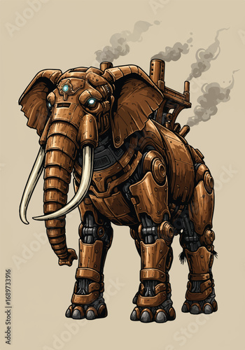A powerful mechanical elephant, expertly rendered as a detailed vector illustration, features intricate bronze gears, pipes, steampunk armor plating, glowing eyes, and ominous smoke vents.