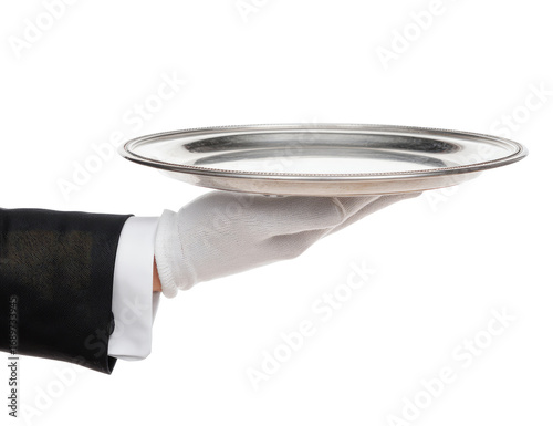 A hand in a white glove holds a silver platter