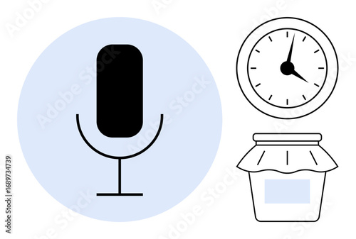 Black microphone in blue circle, timer, and jar to illustrate productivity, recording, scheduling, storage, analytics legacy creativity. Ideal for podcasting work minimal aesthetics. Simple flat
