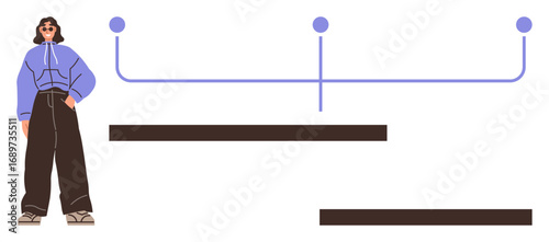 Woman wearing blue hoodie and brown pants stands beside a timeline representation with markers and sections. Ideal for fashion, planning, organization, goal tracking, time management, education