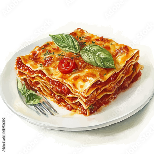 Lasagna, watercolor clipart vector, isolated on a white background.