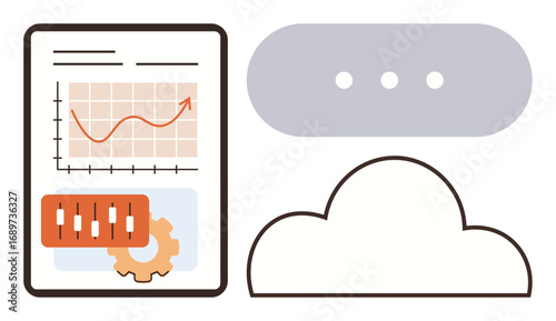 Data chart with rising trend line, candlestick graph overlay, gear for settings, cloud icon, and message bubble. Ideal for analytics, business insight, cloud technology, communication teamwork