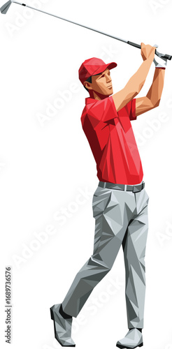 Professional golfer vector illustration in red shirt swinging club, isolated on white background, polygon style sportsman artwork, modern low poly golf player art