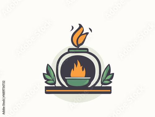 Vector illustration of a stylized eternal flame in a hearth, symbolizing warmth, knowledge, and growth with leaf motifs