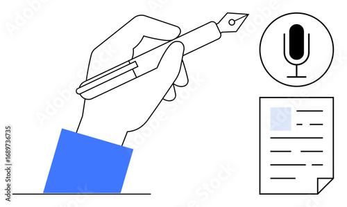 Hand holding fountain pen for writing, microphone icon representing dictation, and outlined document. Ideal for content creation, documentation, writing, education, communication, speech-to-text