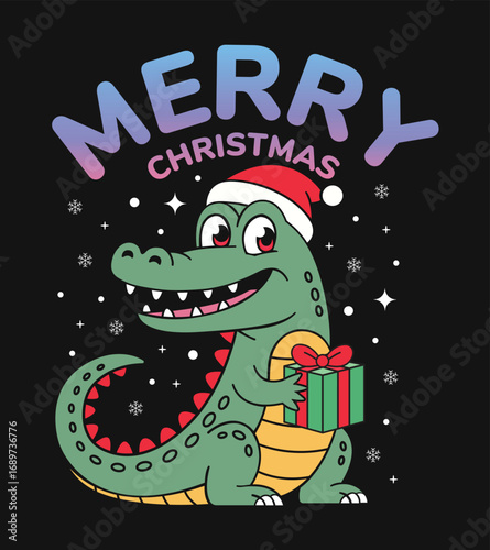 A Cute crocodile wearing a Santa hat and holding a Christmas present is depicted against a black background