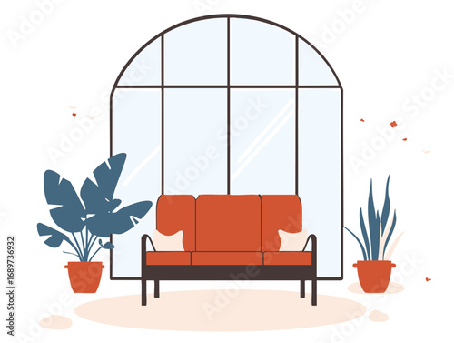 Cozy Interior Design Sofa by the Window with Plants in Pots, Minimalist Style