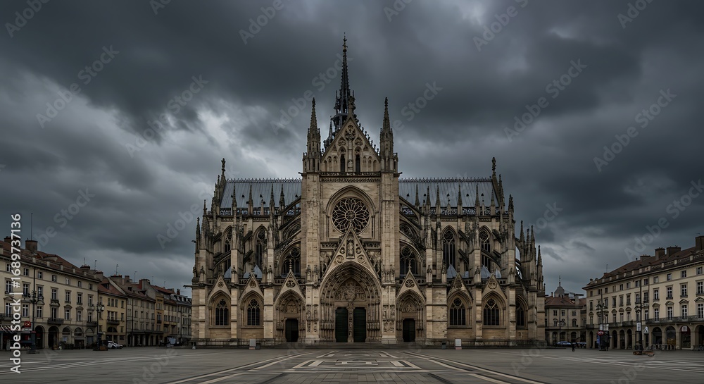Obraz premium Cathedral's Majestic Facade: Capturing the architectural splendor of a gothic cathedral, its intricate facade stands tall against a dramatic, moody sky.