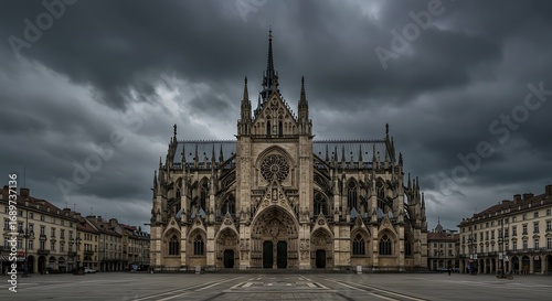 Cathedral's Majestic Facade: Capturing the architectural splendor of a gothic cathedral, its intricate facade stands tall against a dramatic, moody sky.