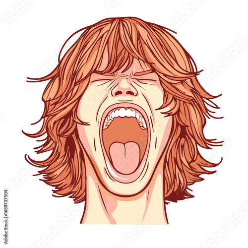 Illustration of a man screaming with his eyes closed and mouth wide open, his hair is disheveled and tousled, conveying intense emotion or exertion