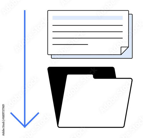 File moving into folder with downward arrow, representing data management, digital storage, archiving, and organization. Ideal for workflow, backup, filing, order simplicity digital processes