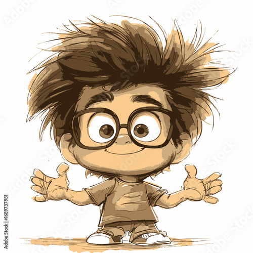 Charming cartoon boy with glasses and messy hair, smiling warmly and gesturing with open hands, radiating cheerful and welcoming energy, a playful and adorable character illustration