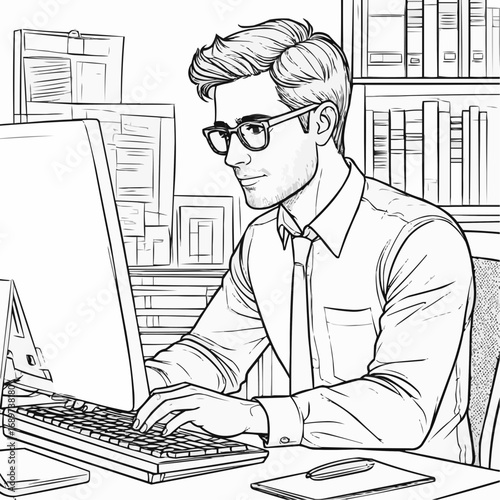 Businessman working on computer in office with bookshelves behind  