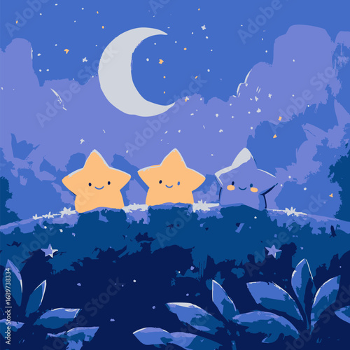 Starry Night Friends A Whimsical Illustration of Smiling Stars Under the Moonlight