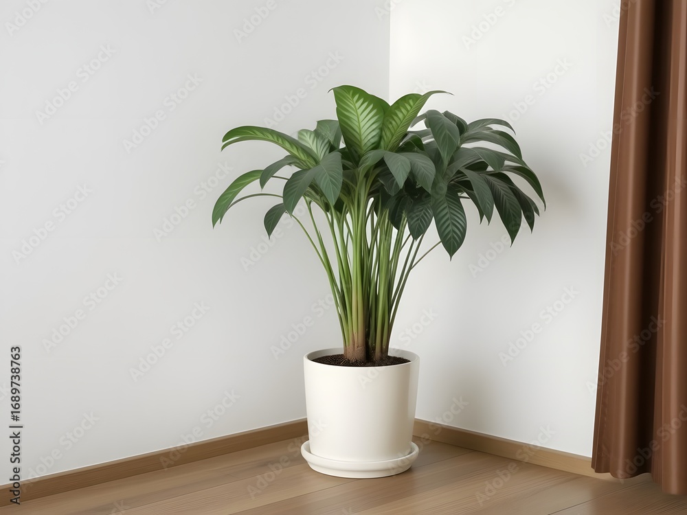 Fototapeta premium Lush green potted plant brings vibrant life and natural elegance into a modern, minimalist home interior.