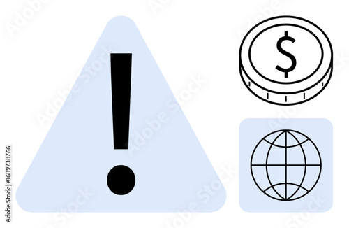 Exclamation mark inside triangle, dollar coin, and globe emphasize financial risk, global economy, and monetary caution. Ideal for economy, finance, globalization, risk management investment