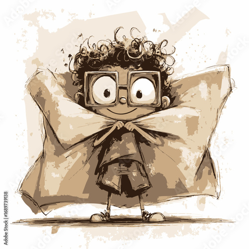 Joyful sepia-toned illustration of a young boy with glasses and curly hair, proudly dressed as a superhero, radiating the boundless spirit of childhood imagination and happiness