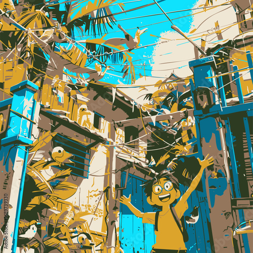 Joyful boy welcomes vibrant city life, embracing adventures with open arms beneath blue skies