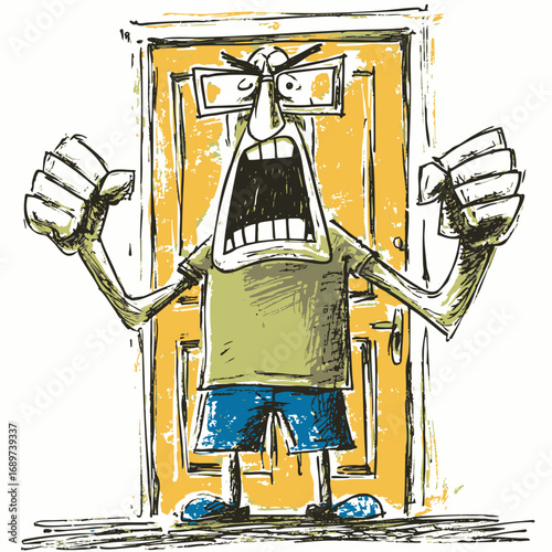 Furious man with clenched fists and open mouth yelling in front of a doorway, expressing extreme anger and frustration