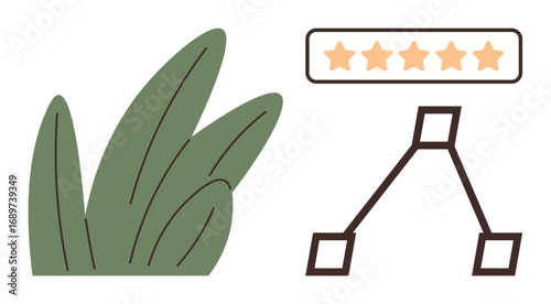 Five-star rating alongside a flowchart symbolizes evaluation and organization, paired with green leaves signifying growth, environment, and natural progress. Ideal for feedback, growth, reviews