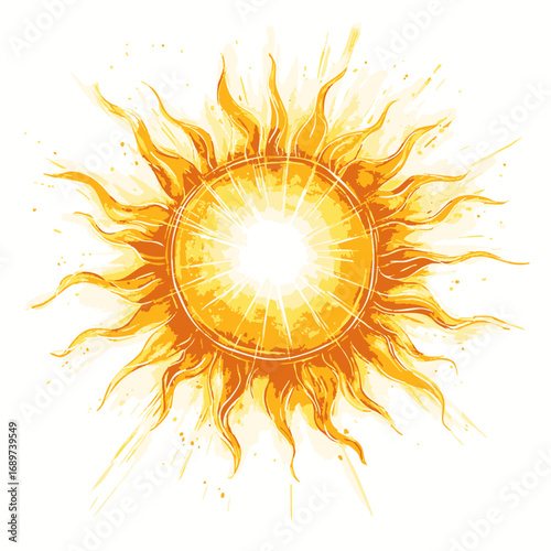 A bright and fiery golden sun symbol with glowing rays, representing an abstract energetic solar flare vector illustration isolated on white