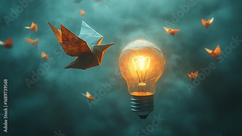 Origami bird glowing bulb imagination illustration