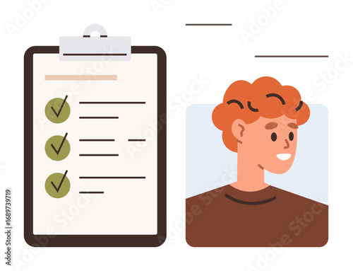 Clipboard with a checklist of tasks marked completed, beside a smiling person. Ideal for organization, planning, personality, achievement, productivity, self-improvement motivation. Simple flat