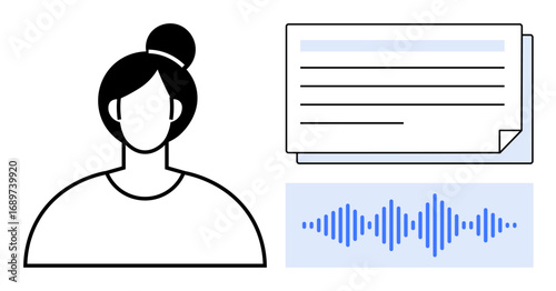Female avatar, document with text lines, audio waveform. Ideal for communication, media, audio transcription, user identity, AI technology online content digital interaction. Simple flat metaphor