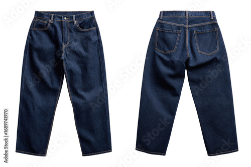 Dark wash jeans, front and back views