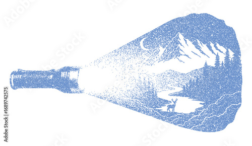 flashlight beam with a night winter landscape with the mountains and standing deer by the river, retro halftone style, stipple effect illustration