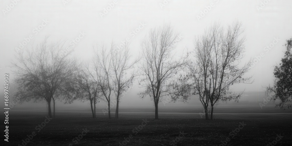 Fototapeta premium Bare trees stand silhouetted against a misty, foggy backdrop creating a haunting, yet serene, landscape.