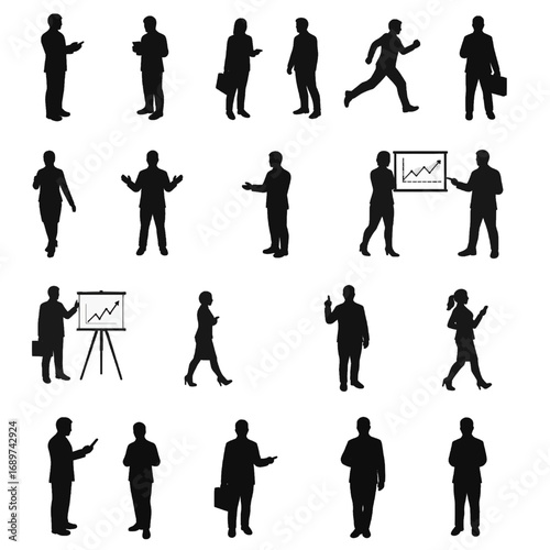 Business people silhouettes showing diverse actions and interactions in a professional setting, emphasizing teamwork